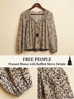 Free People Intimately - Floral Tie-Neck Long Sleeve Blouse in Neutral Tones